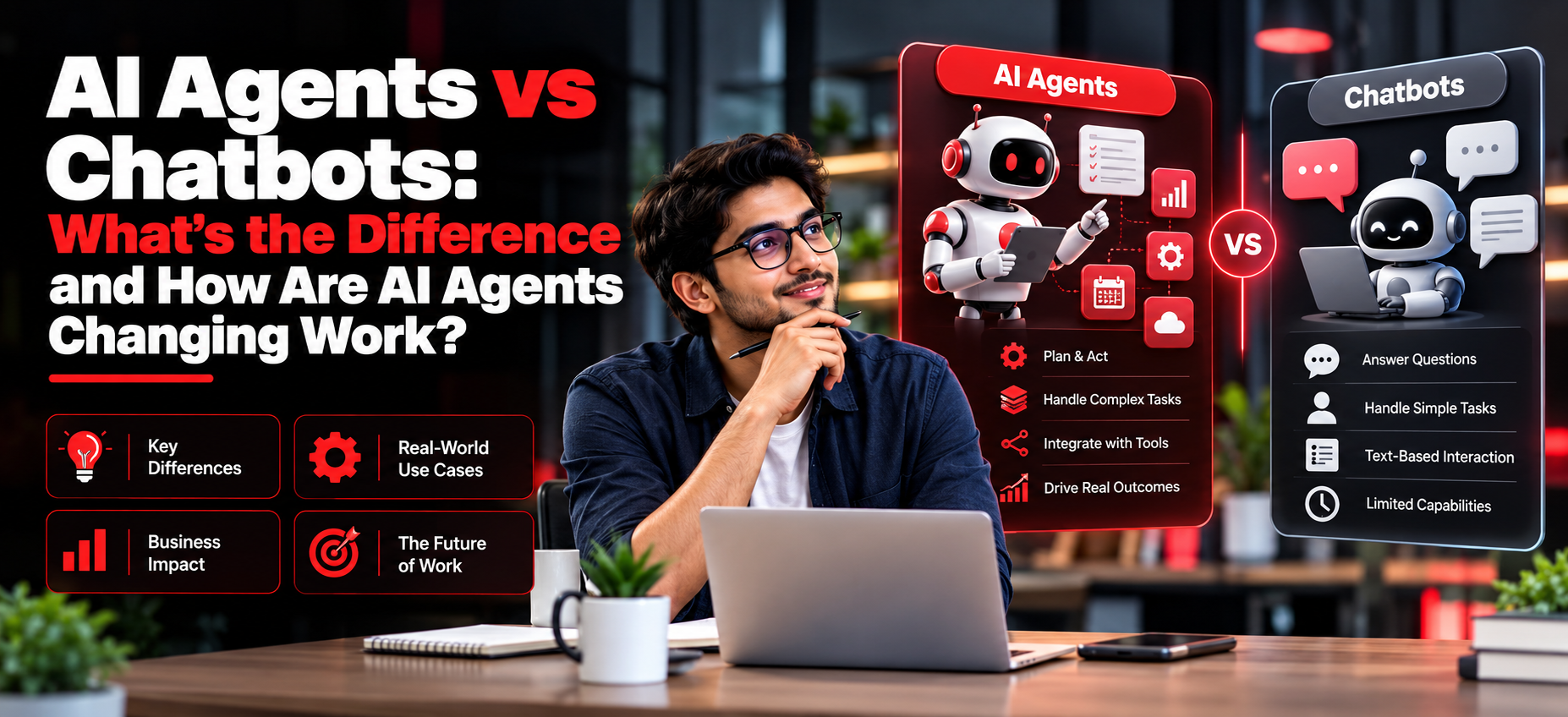 AI agents vs chatbots comparison showing task automation, tools, workflows and business applications